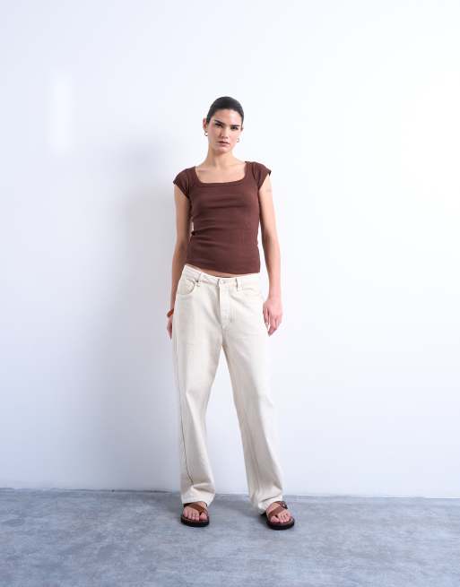 Topshop square neck rib cap sleeve tee in brown, 3 of 4