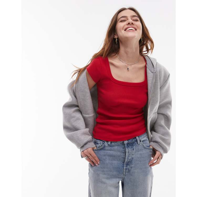 Topshop square neck rib cap sleeve tee in cherry red | ASOS