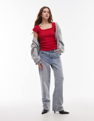 Topshop Square Neck Rib Cap Sleeve Tee In Red