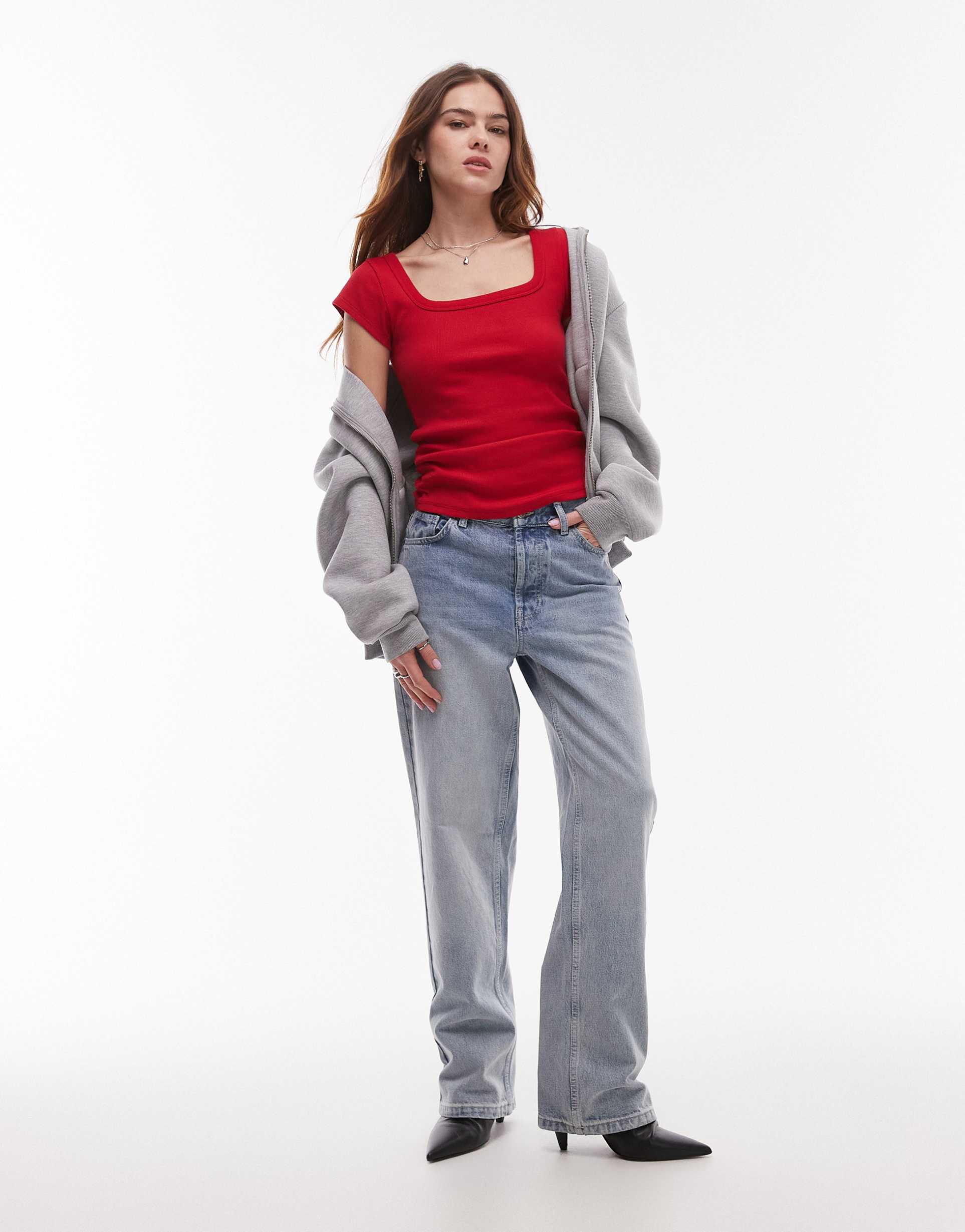 topshop square neck rib cap sleeve tee in cherry red