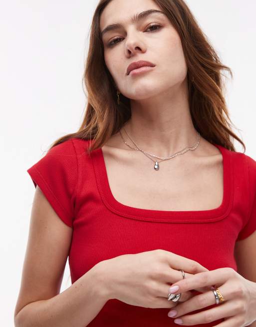 Topshop square neck rib cap sleeve tee in cherry red, 3 of 4