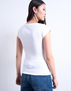 Model wearing Square neck rib cap sleeve tee in white