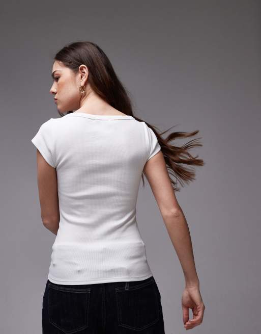 Topshop square neck rib knit cap sleeve tee in white