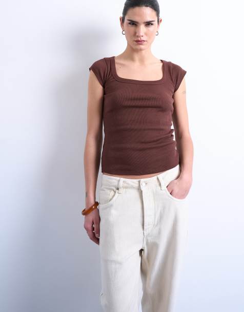 Topshop square neck ribbed cap sleeve tee in brown - view 1