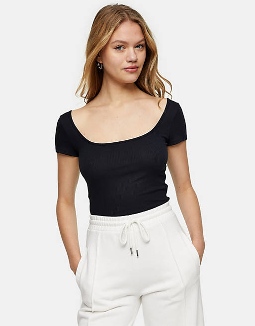 Topshop square neck ribbed t-shirt in black