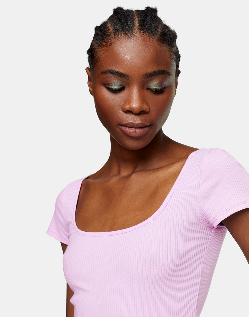 Topshop square neck ribbed T-shirt in lilac-Purple