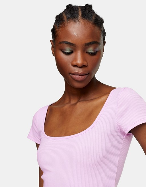 Topshop square neck ribbed t-shirt in lilac