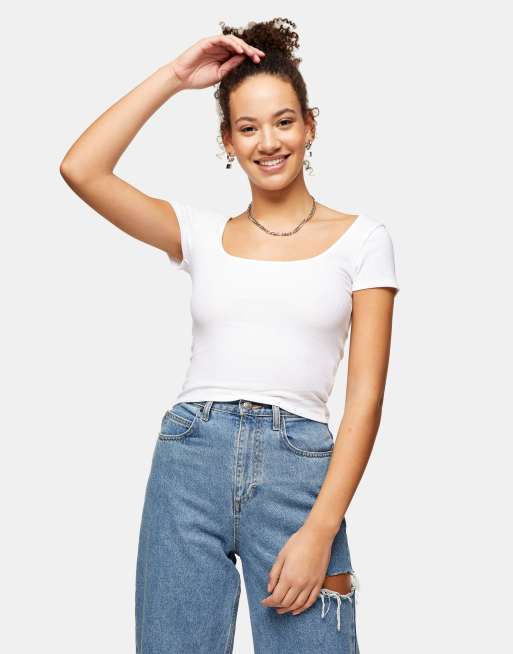 Topshop square neck ribbed t-shirt in white