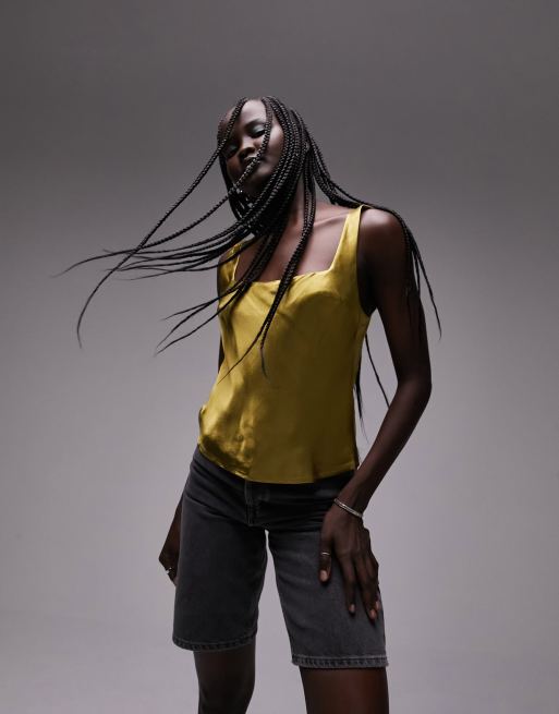 Topshop square neck satin cami in chartreuse
