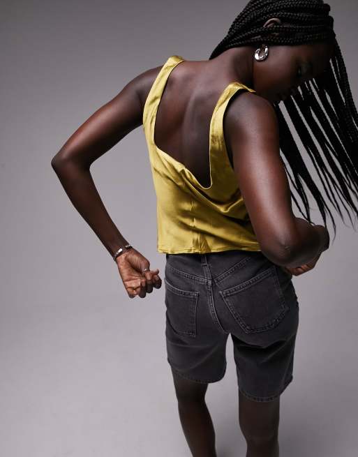Topshop square neck satin cami in olive ASOS
