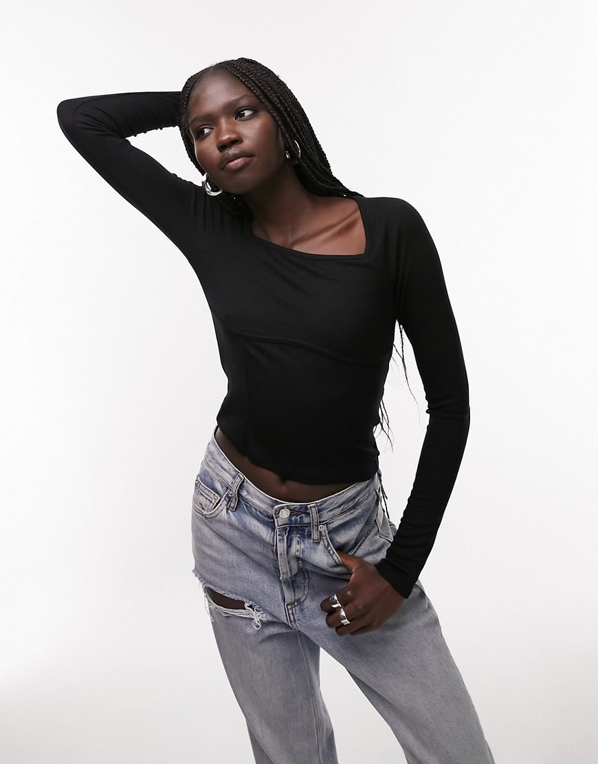 Topshop square neck seam detail long sleeve top in black