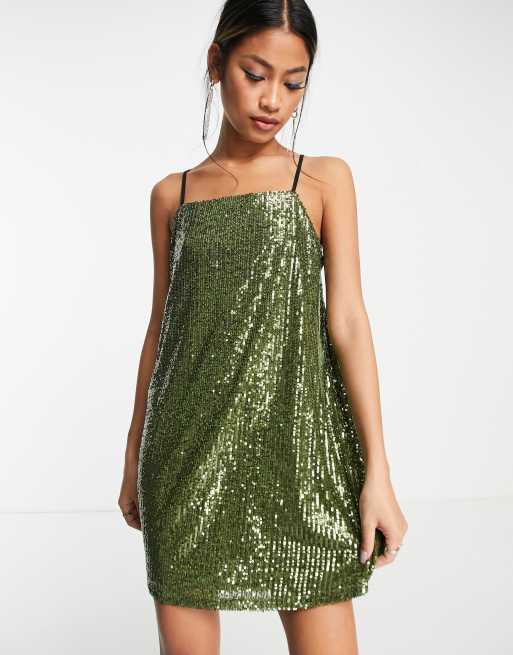 Topshop square neck sequin mini slip dress in green | ASOS