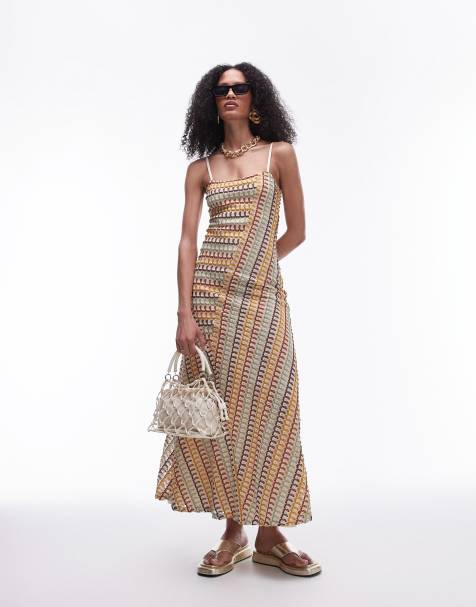 Topshop square neck strappy crochet midi dress in multi - view 1