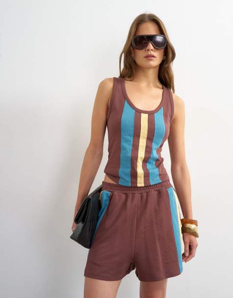 Topshop square neck stripe singlet in chocolate (part of a set) - view 1