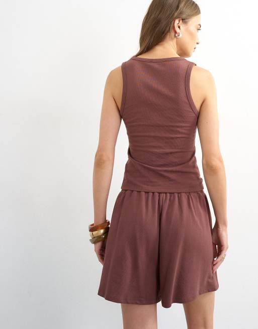 Topshop square neck stripe vest co-ord in chocolate, 3 of 4