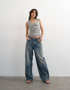 Model wearing Square neck tank in grey marl