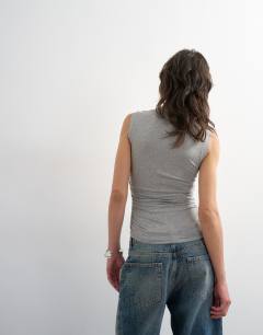 Model wearing Square neck tank in grey marl