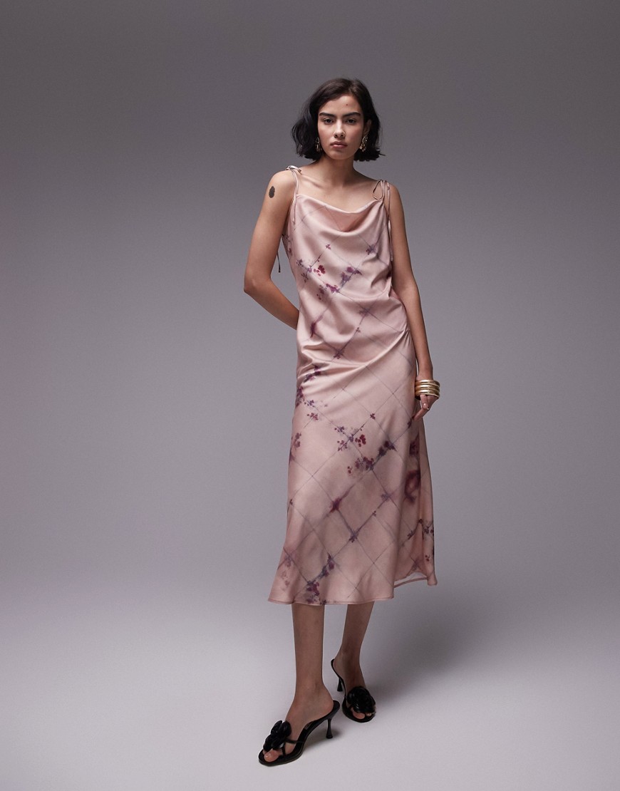 Topshop square neck tie shoulder cami slip midi dress in pink blurred check-Multi