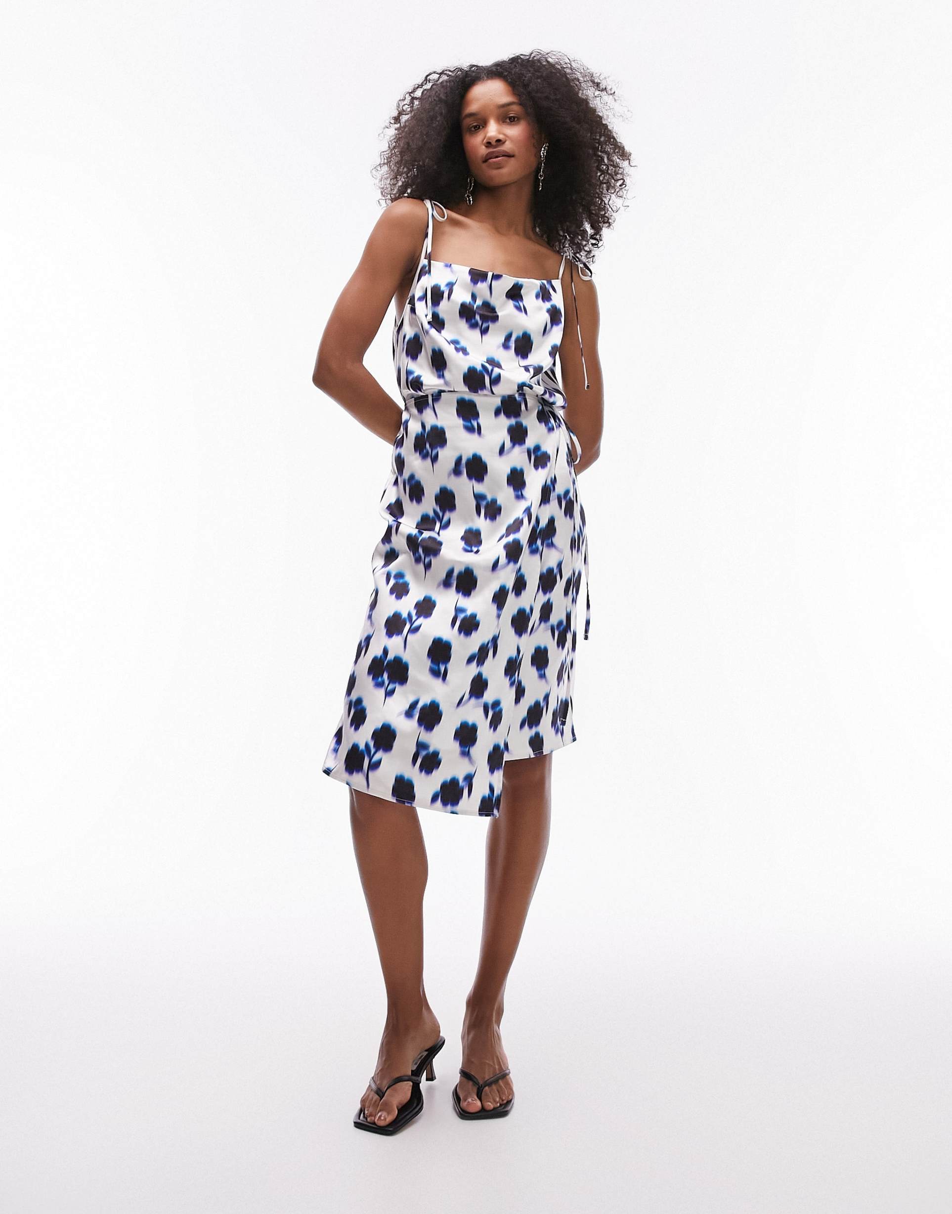 topshop square neck wrap tie midi slip dress in blue floral