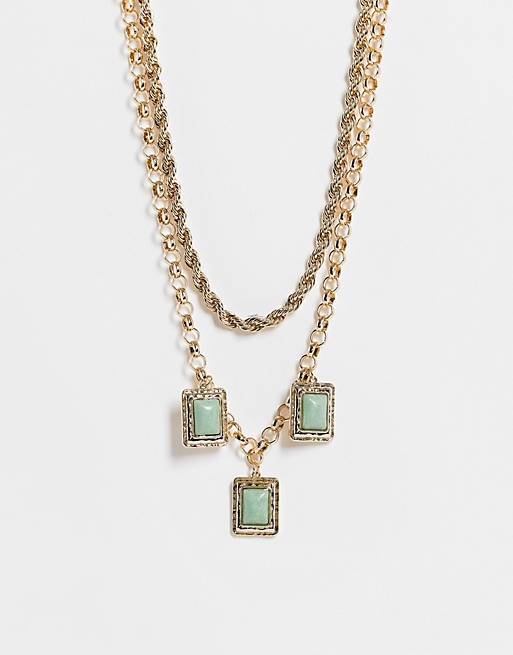 Topshop square set green stone multirow necklace in gold