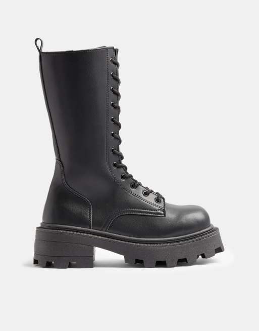 topshop square toe lace up chunky boots in black