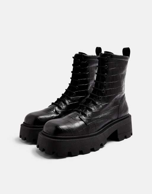 Topshop square toe leather chunky lace up crocodile boots in black