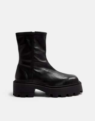 ayla black leather chunky sock boots