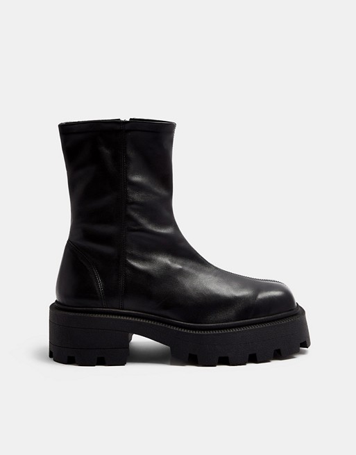 Topshop square toe leather chunky sock boots in black