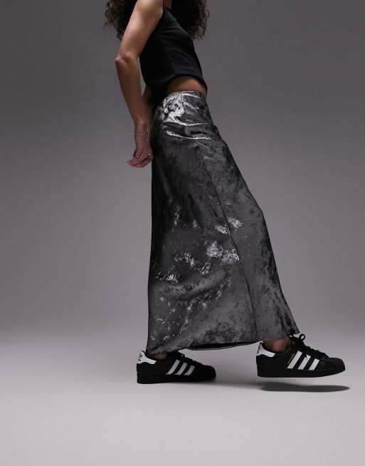 Topshop – Srebrna metaliczna spódnica maxi