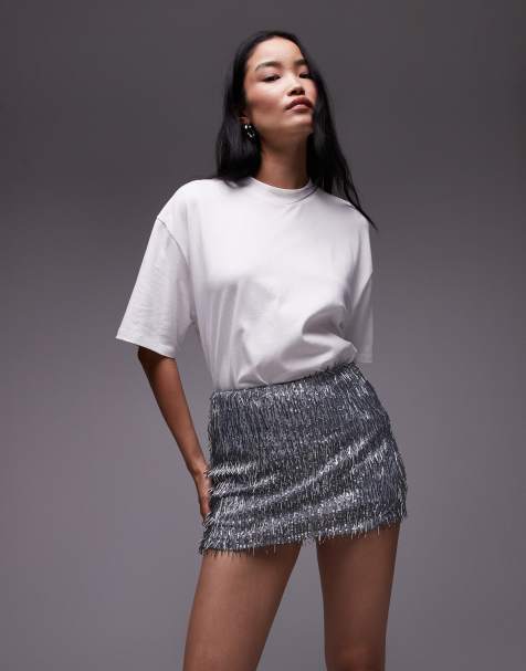 Topshop needle embellished mini skirt in silver