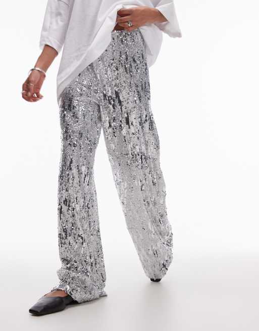 Topshop – Srebrne cekinowe spodnie z szerokimi nogawkami, 3 z 5