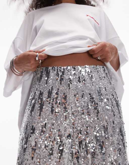 Topshop – Srebrne cekinowe spodnie z szerokimi nogawkami, 4 z 5