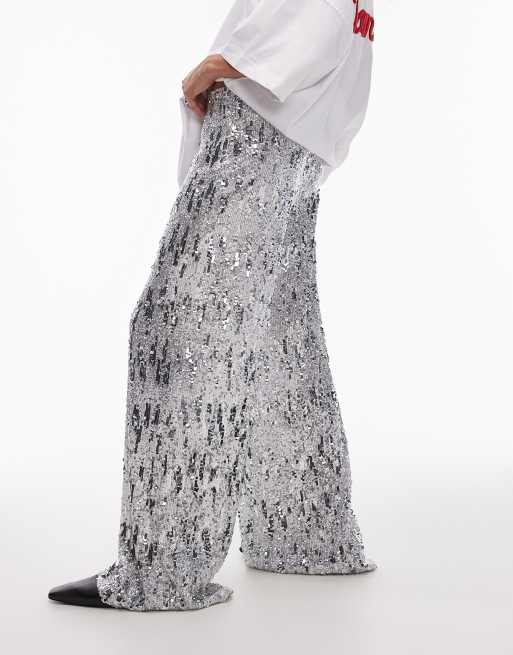 Topshop – Srebrne cekinowe spodnie z szerokimi nogawkami, 5 z 5