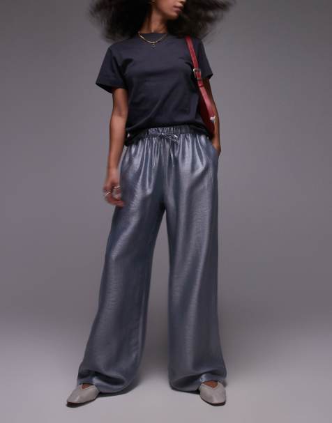 Topshop textured satin straight leg drawcord trouser in silver