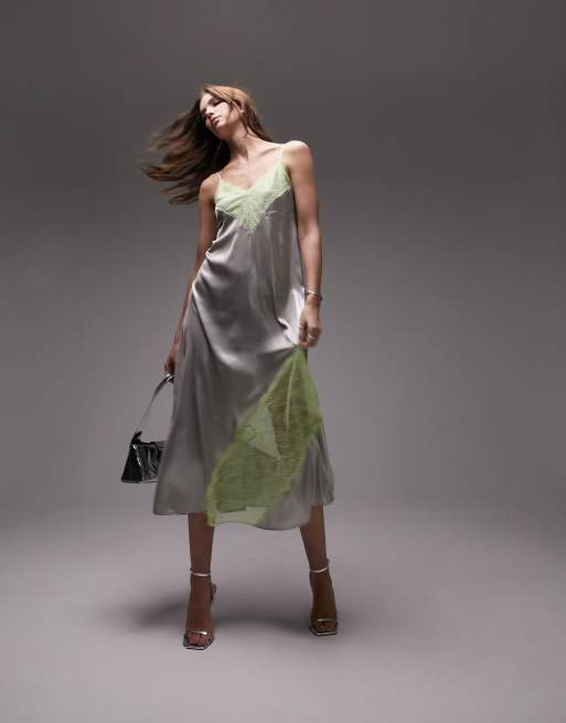 Topshop – Srebrno-limonkowa sukienka midi na ramiączkach z koronkowymi wstawkami