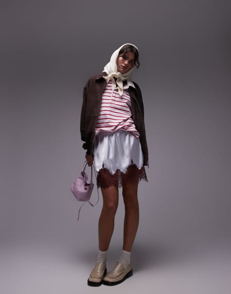 Topshop – Srebrnoniebieska satynowa spódnica mini z bordową koronką - view 1