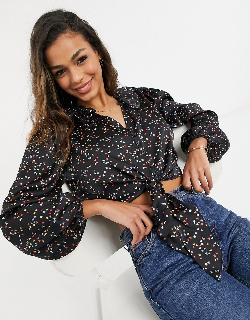 Topshop star and heart print tie front cropped blouse in multi