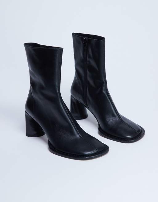 Topshop Star Premium leather round toe block heel boot in black, 4 of 4