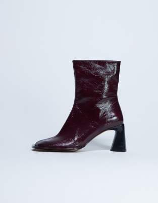 Topshop Star Premium Leather Round Toe Block Heel Boots In Burgundy