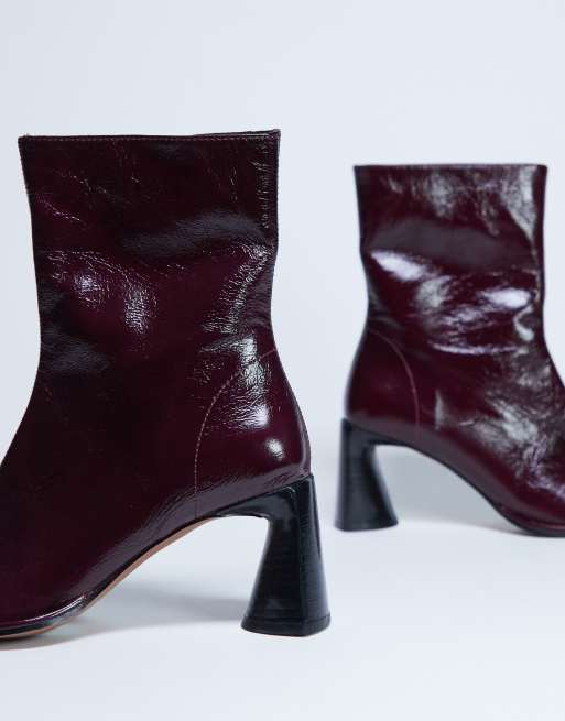 Topshop Star Premium leather round toe block heel boots in burgundy, 2 of 4