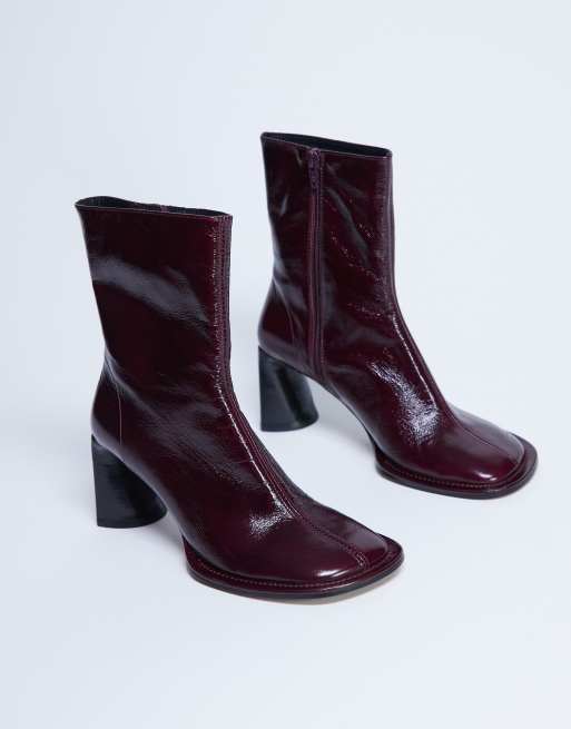 Topshop Star Premium leather round toe block heel boots in burgundy, 4 of 4