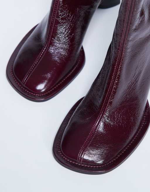 Topshop – Star – Premium – Vinröda boots i läder med rund tå och blockklackar, 3 av 4