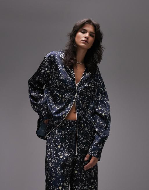 Topshop star print satin shirt & pants pajama set with matching eye mask &  gift bag in navy