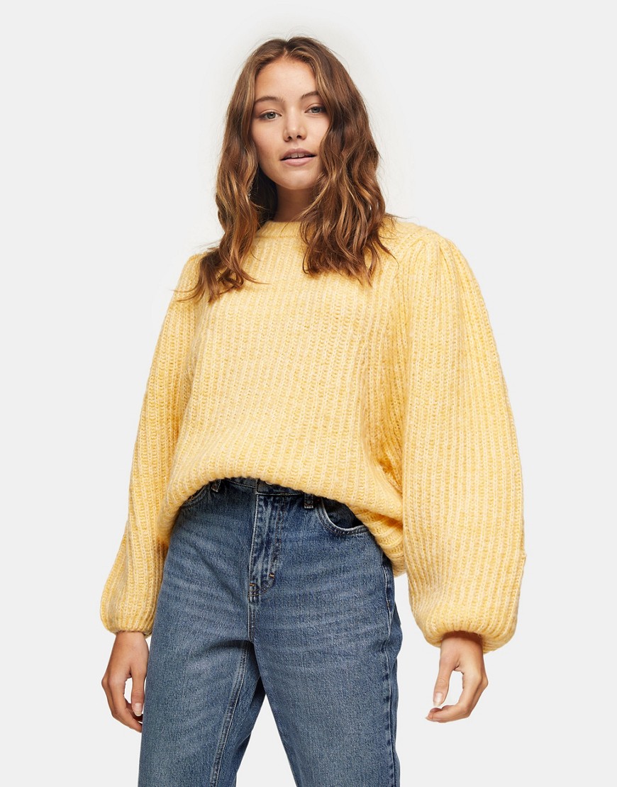Topshop statement sleeve knitted jumper in yellow