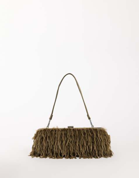 Topshop Steele bolso de hombro pequeño con plumas sintéticas en caqui - view 1