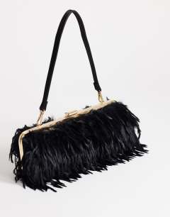 Model wearing Steele small faux feather shoulder bag in black