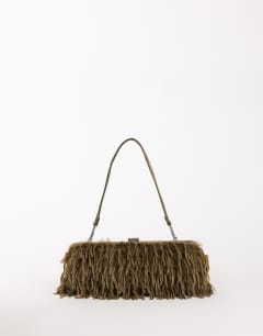 Model wearing Steele small faux feather shoulder bag in khaki