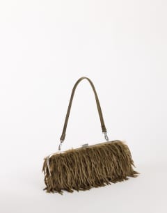 Model wearing Steele small faux feather shoulder bag in khaki