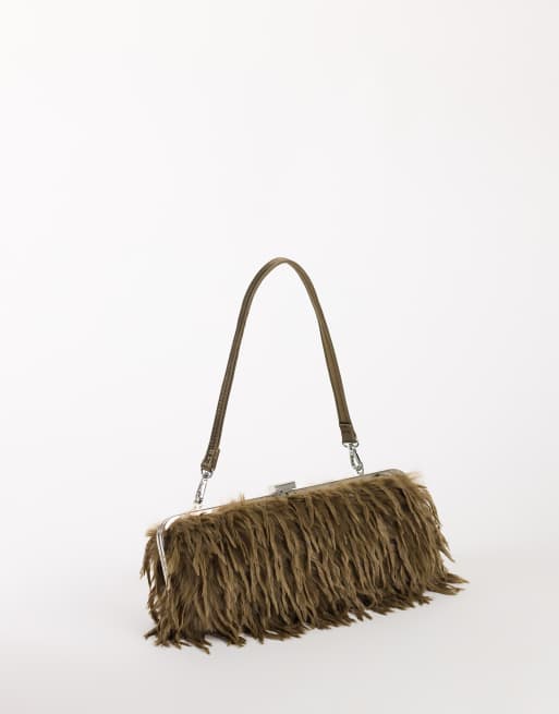 Topshop Steele small faux feather shoulder bag in khaki, 2 of 4