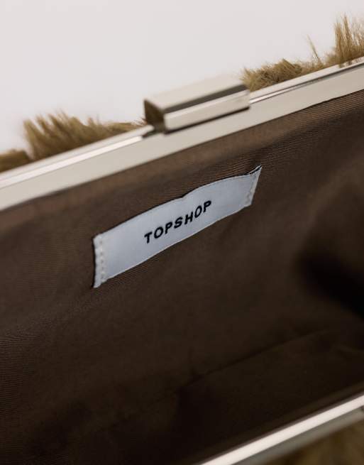 Topshop Steele small faux feather shoulder bag in khaki, 3 of 4